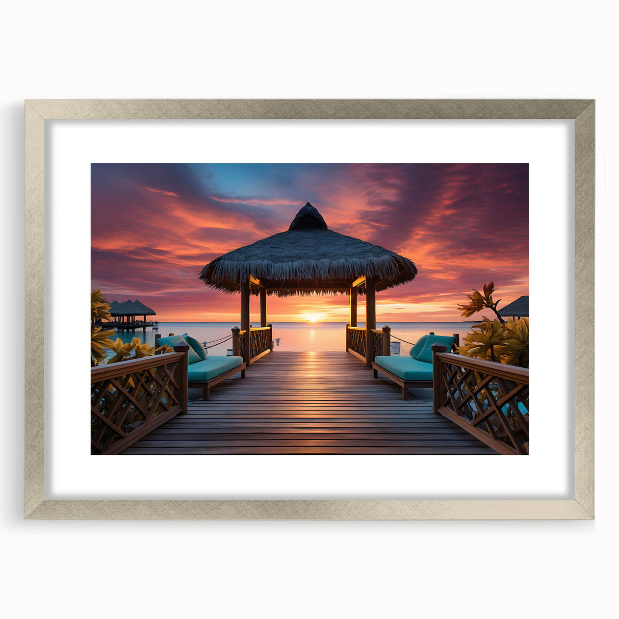 Abstract textured art depicting Maldives scenery, in muted blue and white tones, framed with a silver mat.