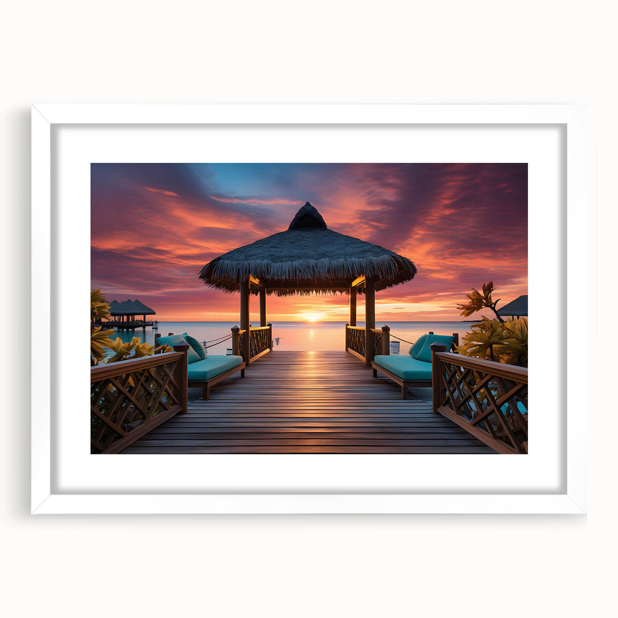 Abstract art print of a serene Maldivian landscape in muted blue and white, framed with a white mat.