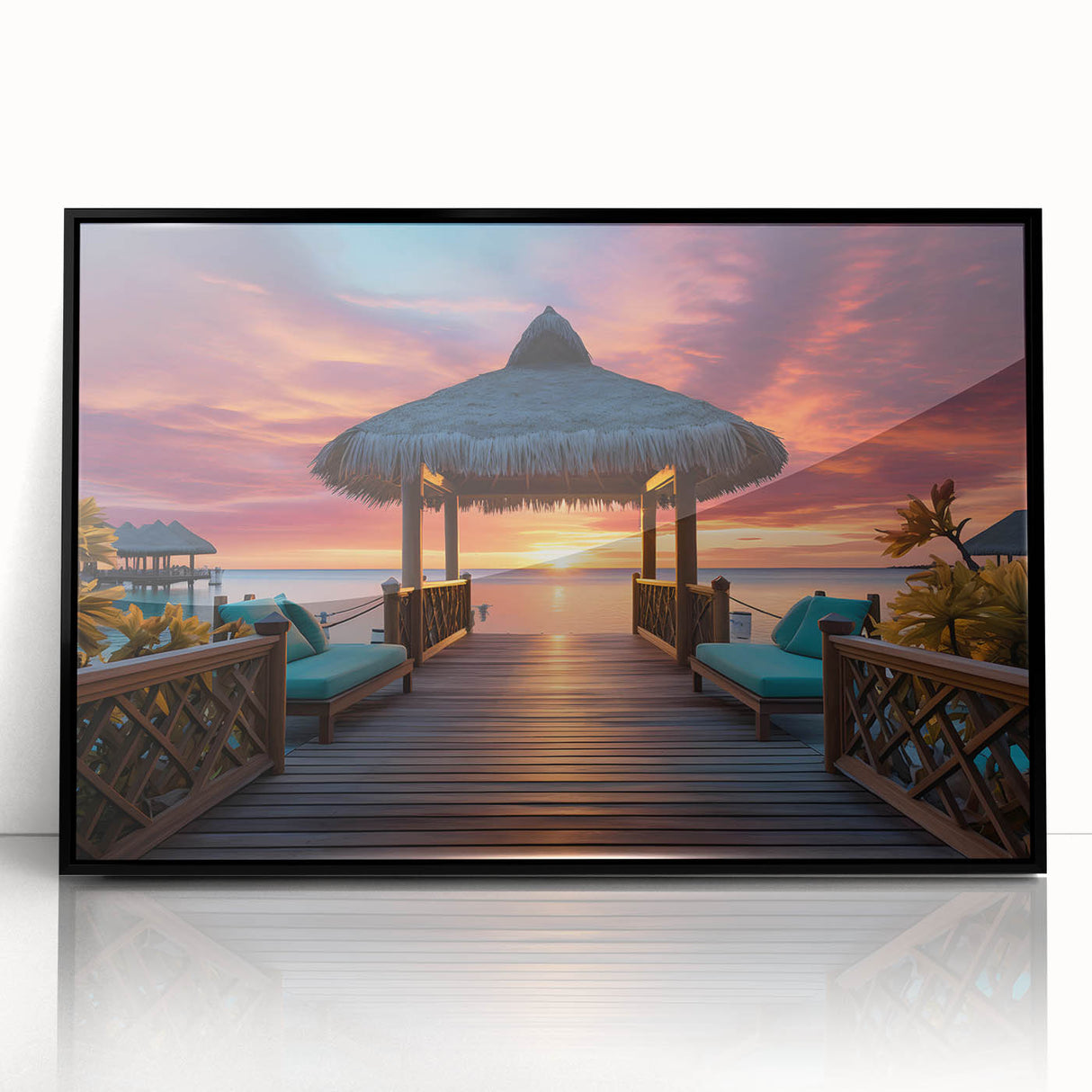 Large abstract wall art depicting a serene Maldivian landscape in soft blue and white tones, framed in black acrylic.