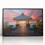 Large abstract wall art depicting a serene Maldivian landscape in soft blue and white tones, framed in black acrylic.