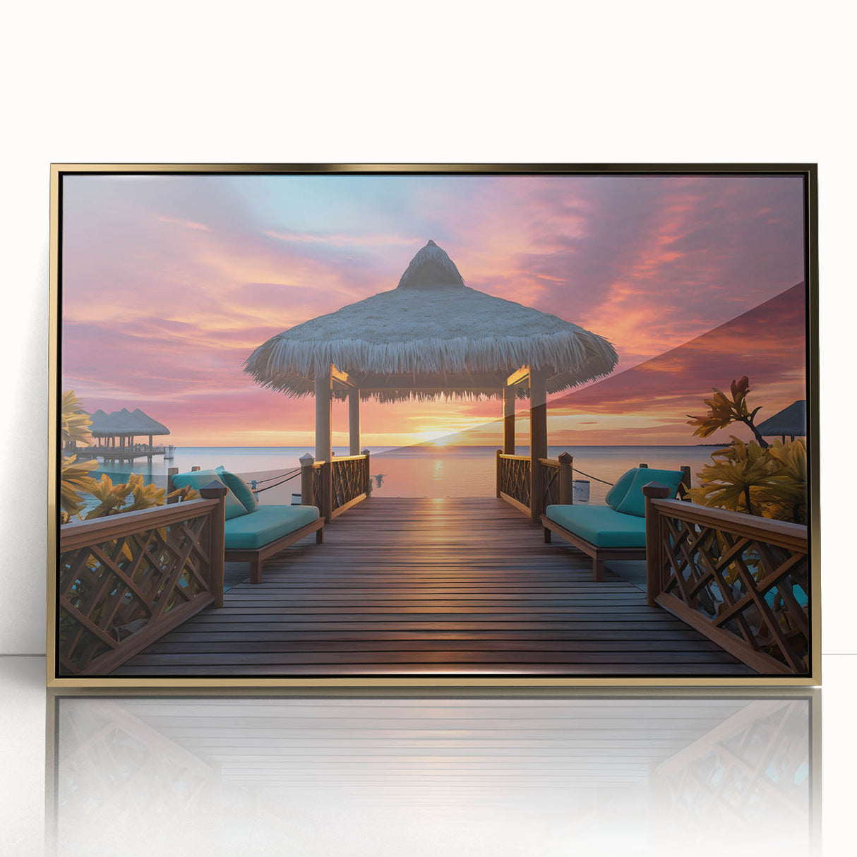 Large art print of a serene Maldives beach scene in muted blue and green tones, framed acrylic.