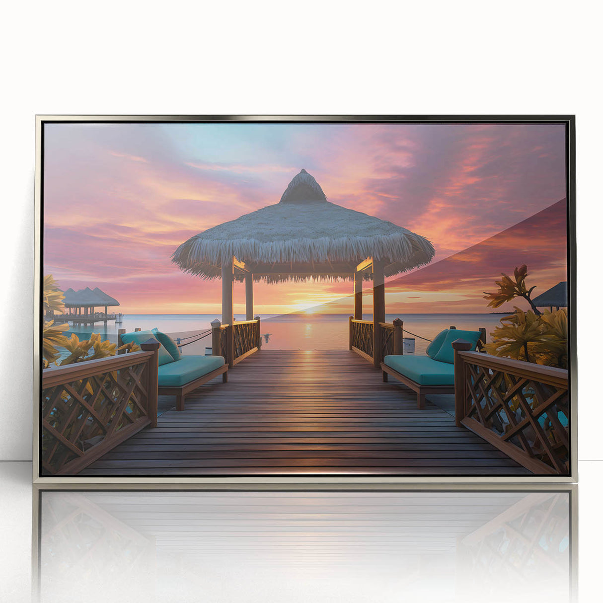 Mid-century modernist art depicting a serene Maldivian landscape in cool blue tones, framed in silver acrylic.