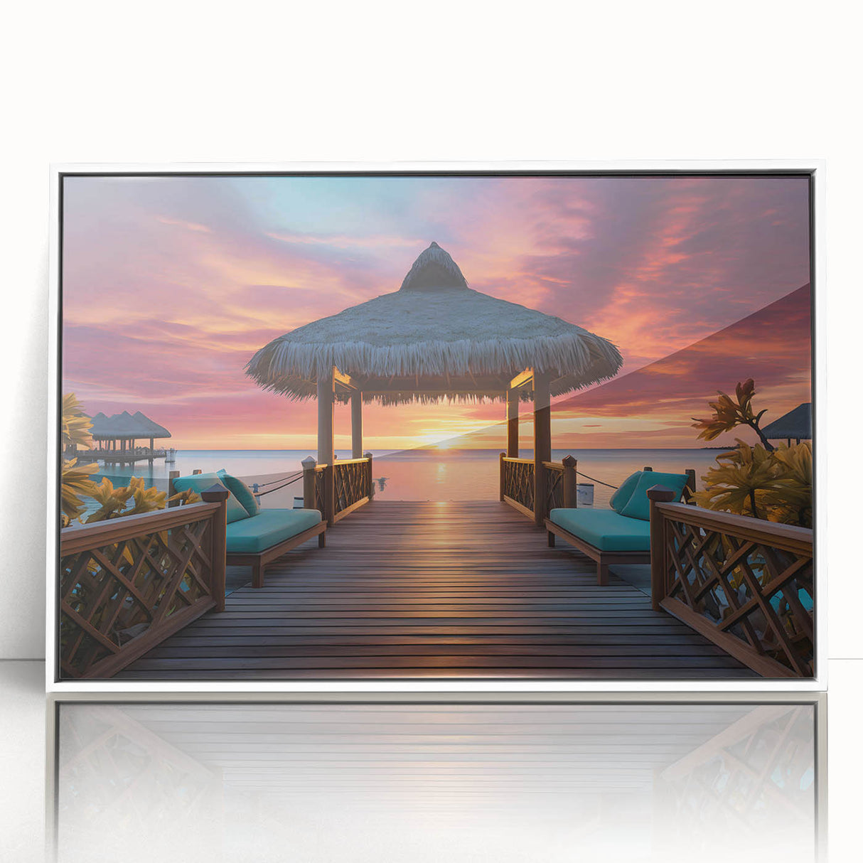 Art Deco style poster of Maldives scenery on framed acrylic, with soft blue and white tones, ideal for modern art wall decor.