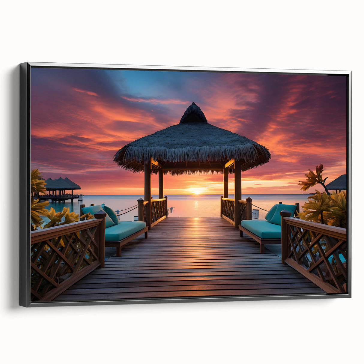 Black and white framed canvas of a Maldivian landscape, ideal for bedroom wall art.