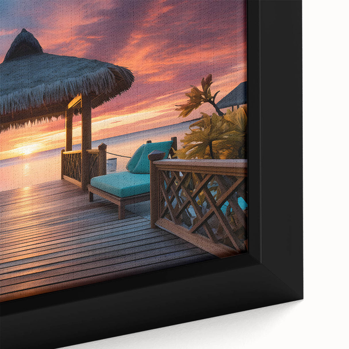 Extra large framed canvas featuring a textured depiction of the Maldives with vibrant blue and green hues.