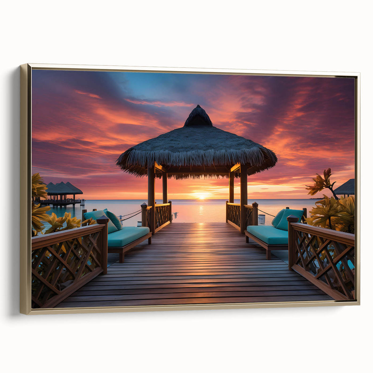 Framed canvas featuring a serene Maldivian landscape in muted blue and green tones, ideal for bedroom wall art.