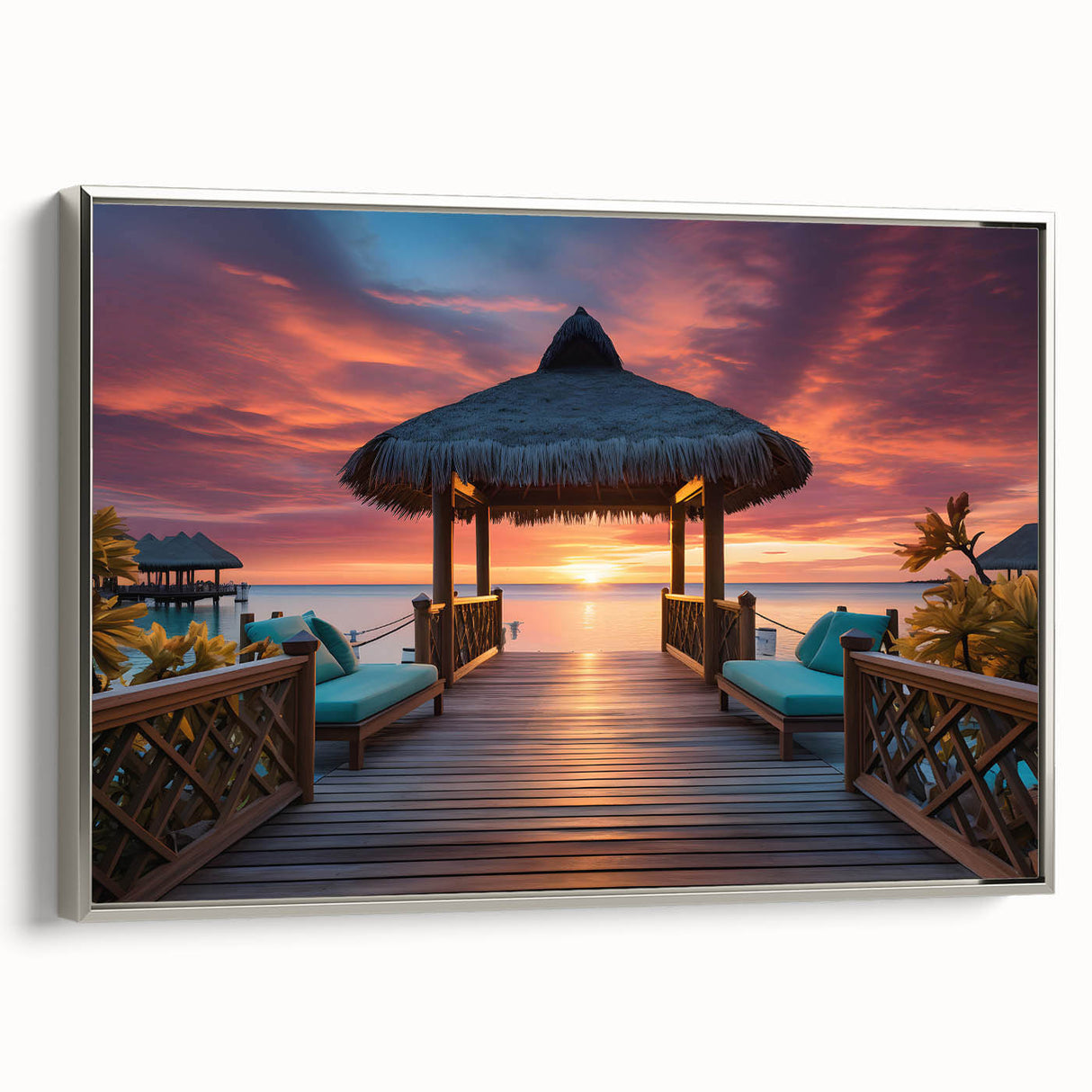 Landscape art painting of a serene Maldivian beach scene on framed canvas, featuring vibrant blues and greens.