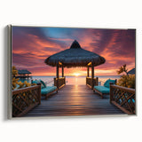 Landscape art painting of a serene Maldivian beach scene on framed canvas, featuring vibrant blues and greens.