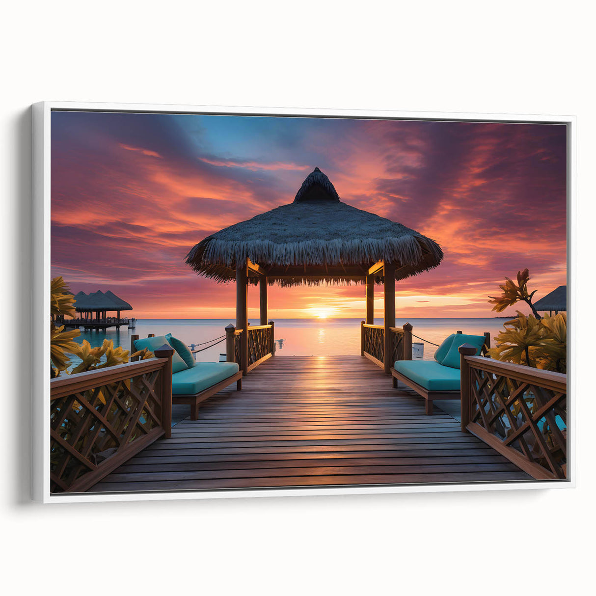 Vintage poster art of Maldives scenery on framed canvas, with vibrant colors, ideal for living room decor.