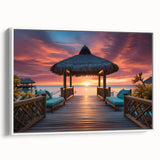 Vintage poster art of Maldives scenery on framed canvas, with vibrant colors, ideal for living room decor.