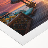 Art deco poster featuring a serene Maldives beach scene in soft blue and white tones on rolled canvas.