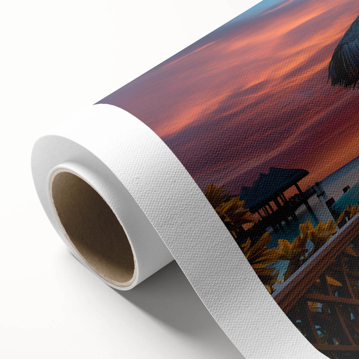 Art deco poster of Maldives scenery on rolled canvas, featuring serene blue and white tones, ideal for nursery wall art.