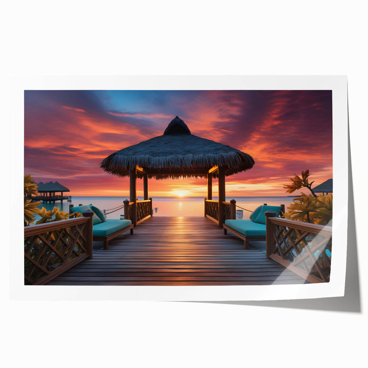 Extra large rolled print of a serene Maldivian beach scene in soft blue and white tones.
