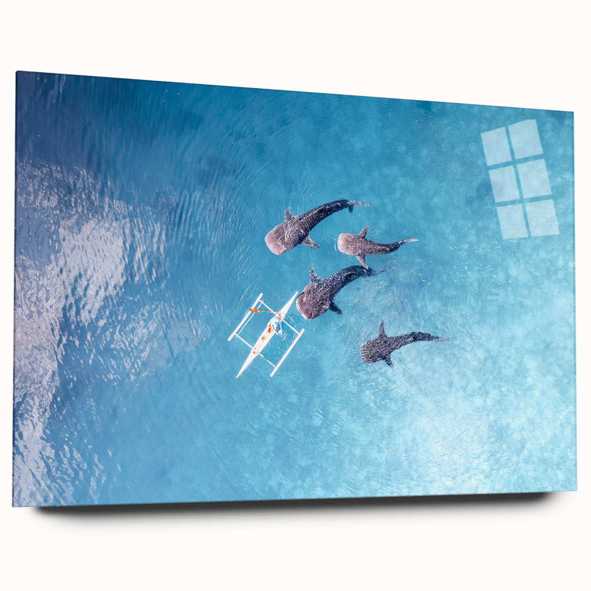 Large abstract wall art of a serene Philippine landscape in muted green and blue tones on acrylic glass.