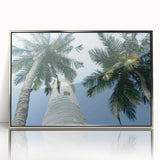 Mid-century modernist art depicting a serene Sri Lankan landscape in muted greens and blues, framed in silver acrylic.