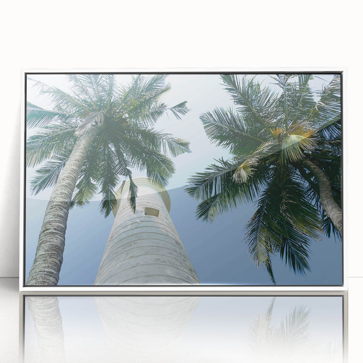 Framed acrylic print of a serene Sri Lankan landscape in soft green and blue tones.