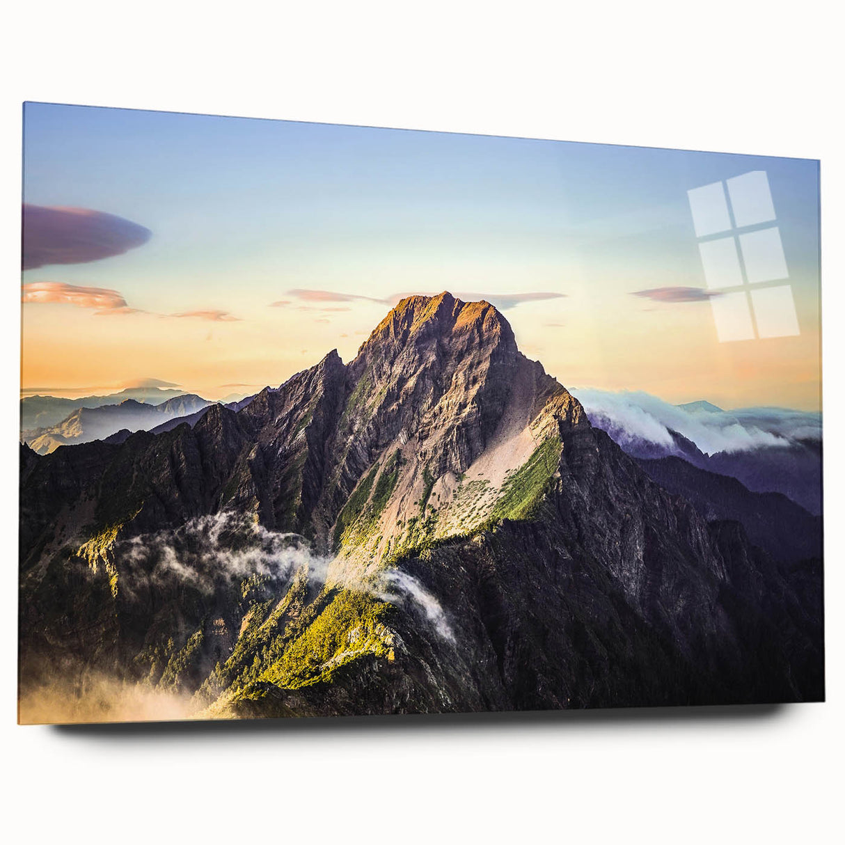 Large abstract wall art of a serene Taiwanese landscape in muted earth tones, acrylic print.