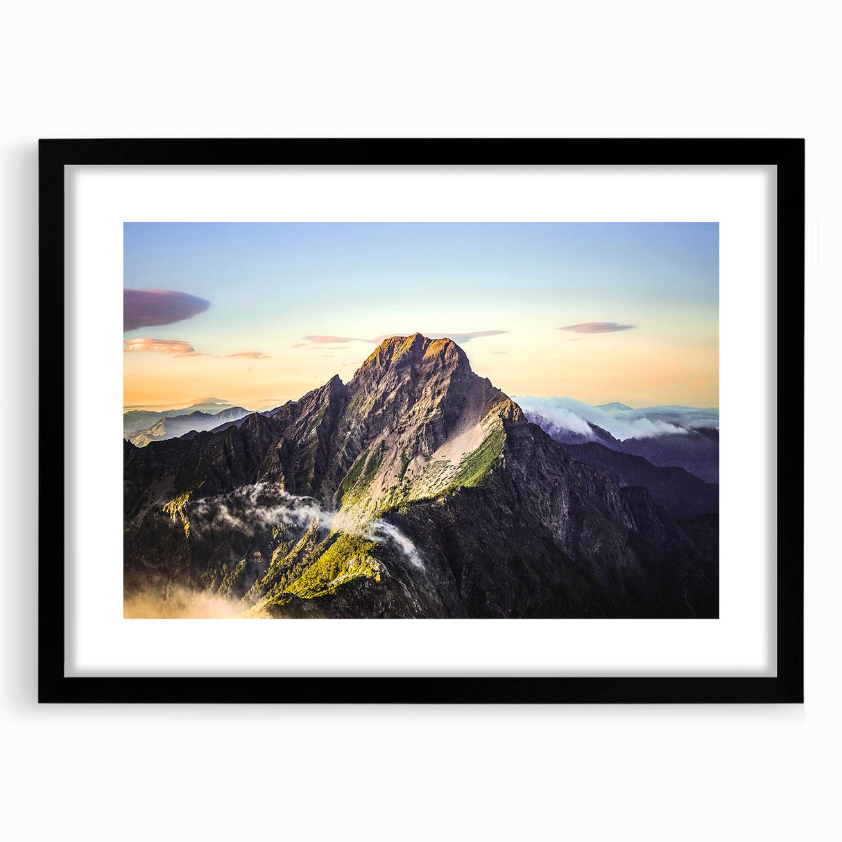 Extra large, textured abstract art print of colorful scenery, framed in black, ideal for living room decor.