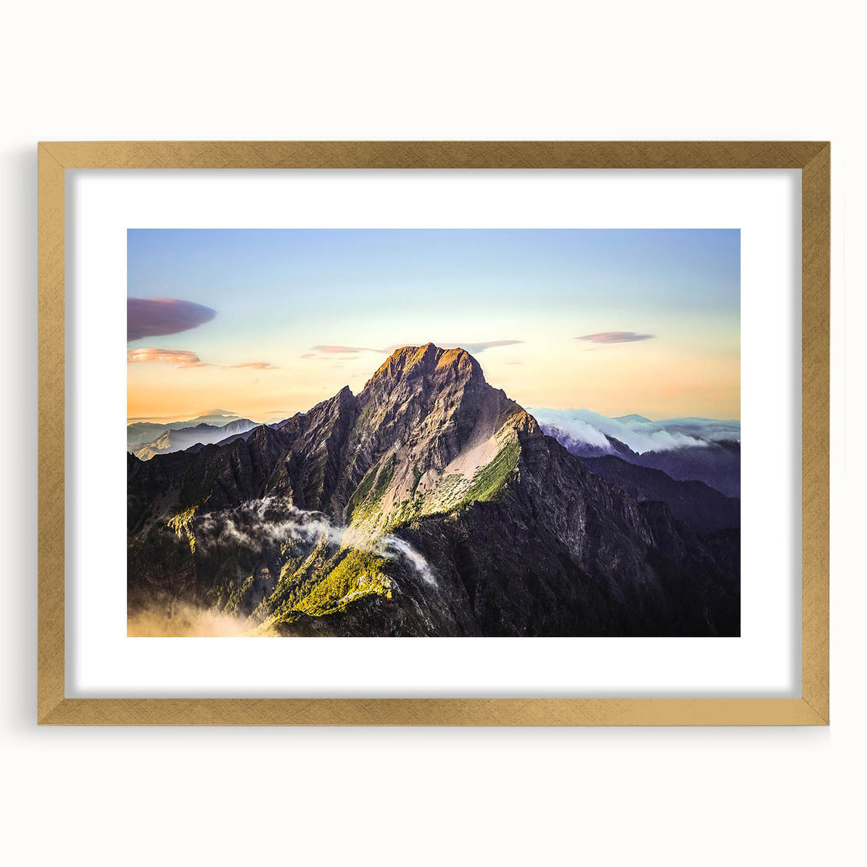 Extra large abstract art print of a textured Taiwanese landscape in muted earth tones, framed in gold.