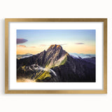 Extra large abstract art print of a textured Taiwanese landscape in muted earth tones, framed in gold.