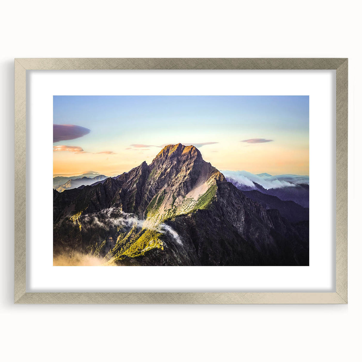 Textured abstract art print of a serene Taiwanese landscape in muted earth tones on a framed silver mat.