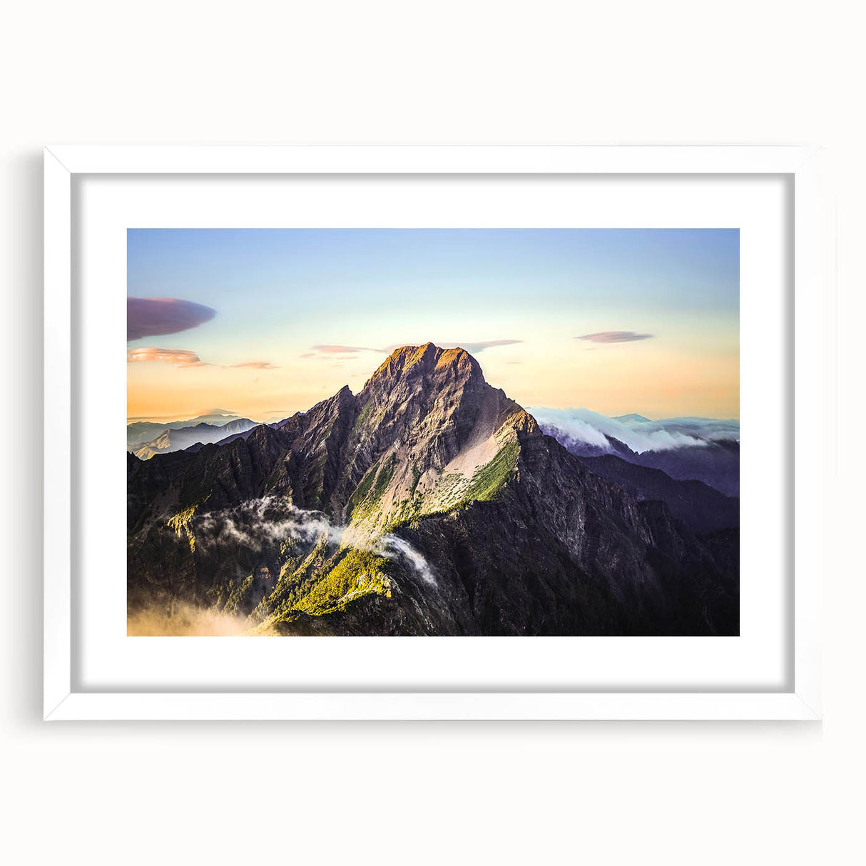 Abstract art print of a Taiwanese landscape in muted earth tones on a framed white canvas, ideal for dining room decor.