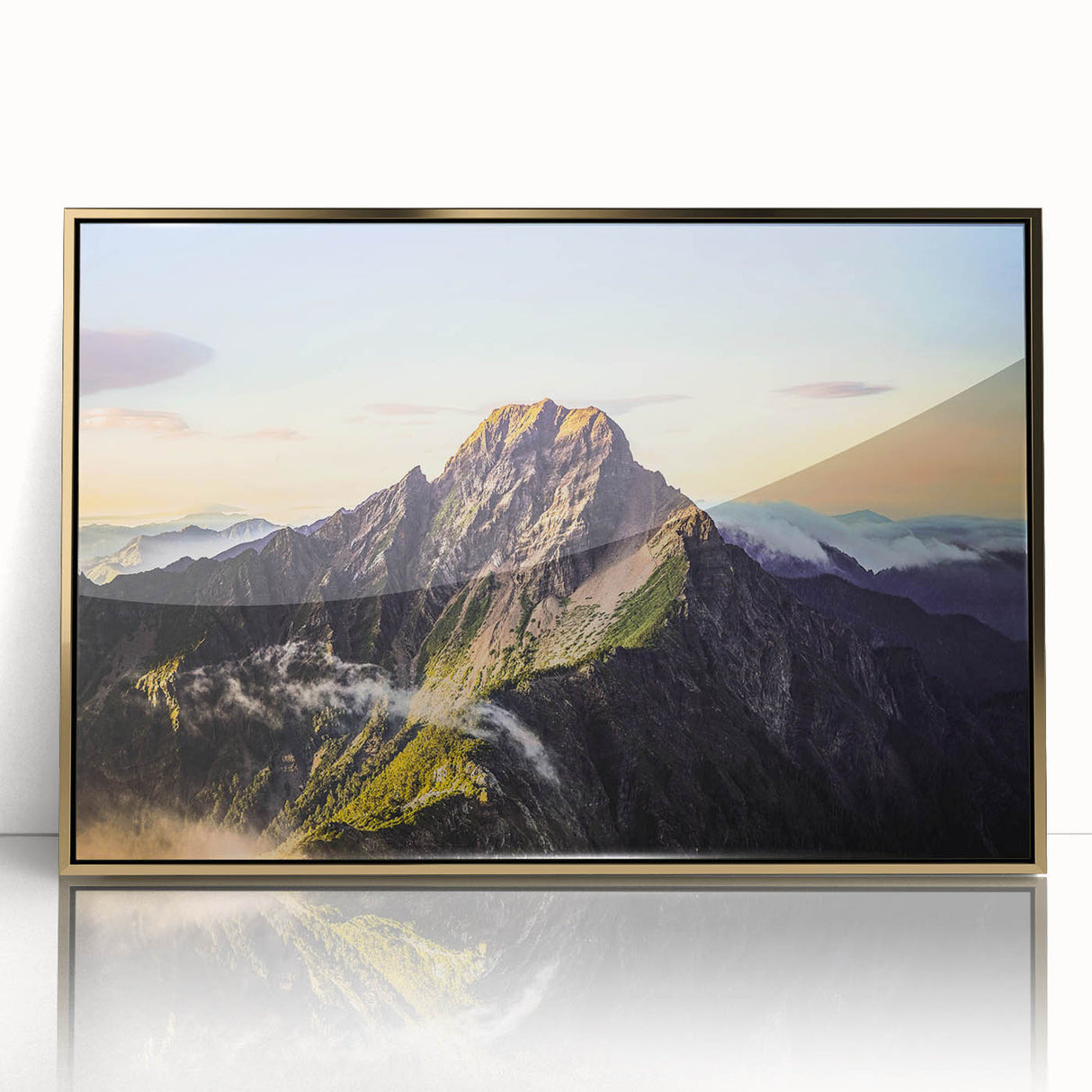 Framed acrylic print of a serene Taiwanese landscape in muted green and blue tones, ideal for modern art wall decor.
