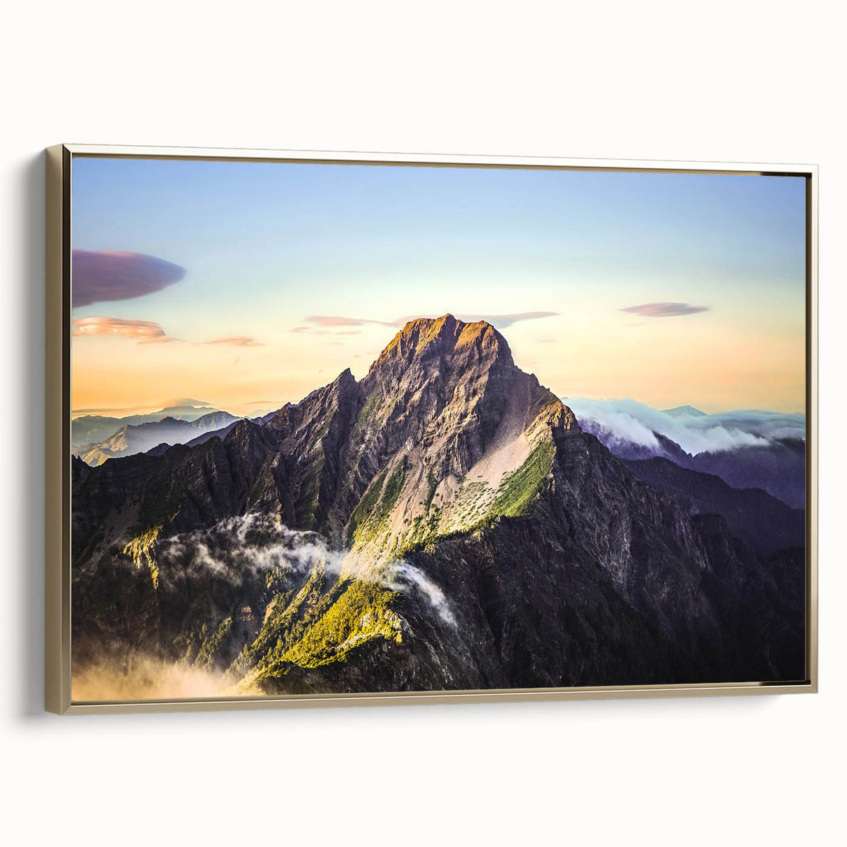 Framed canvas featuring a vintage poster art style landscape of Taiwan in black and gold tones, ideal for bedroom wall art.