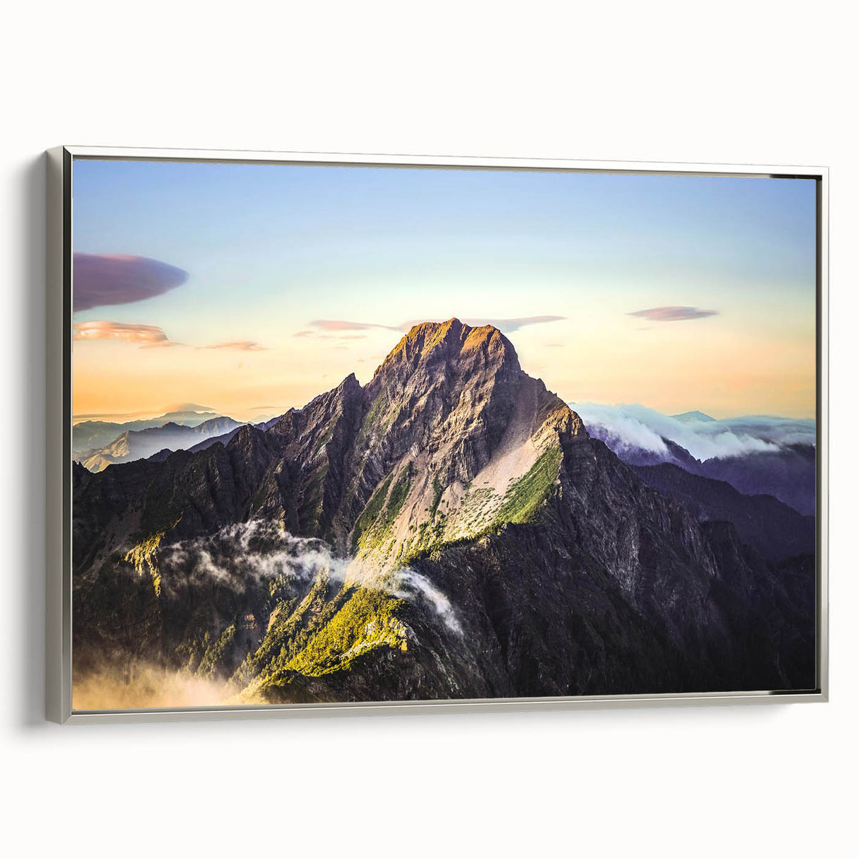 Landscape art painting of a Taiwanese scenery on framed canvas, featuring muted earth tones and vintage poster art style.