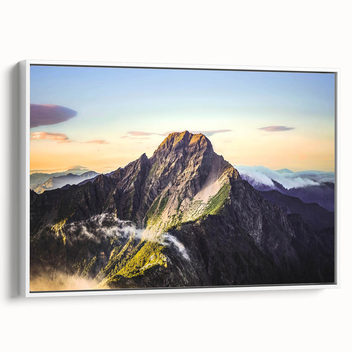 Vintage poster art of a Taiwan scenery on extra large framed canvas, featuring colorful art against a black background.