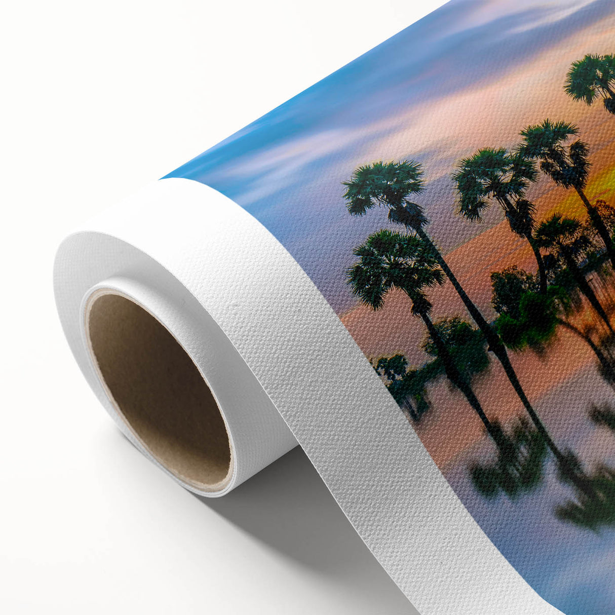 Art Deco poster of a serene Thai landscape in muted green and blue tones on rolled canvas, ideal for nursery wall art.