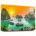 Acrylic print of a Vietnamese landscape in muted green and blue tones, ideal for dining room decor.