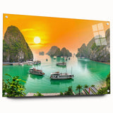 Acrylic print of a Vietnamese landscape in muted green and blue tones, ideal for dining room decor.