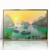 Mid-century modernist acrylic print featuring a serene Vietnamese landscape in muted earth tones.