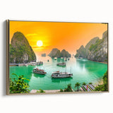 Framed canvas featuring a vintage-style landscape painting of a Vietnamese scenery in gold and black tones.