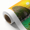 Art deco poster featuring a serene Vietnamese landscape in muted green and blue tones.