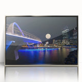 Art deco poster of Perth skyline in silver frame, acrylic print, suitable for modern art wall decor.