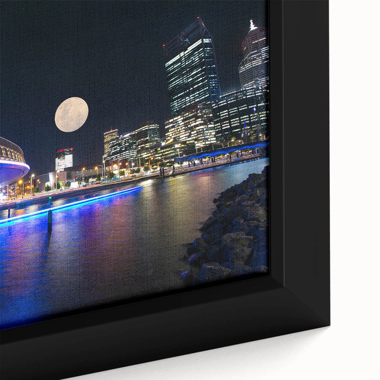 Extra large framed canvas featuring a textured depiction of Perth, Australia in black with colorful art accents.