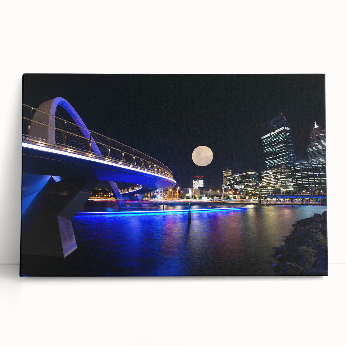 Black and white stretched canvas of Perth skyline, ideal for kitchen wall art or bedroom ambiance.