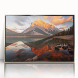 Mid-century modernist art depicting Alberta, Canada scenery in muted earth tones on a silver-framed acrylic print.