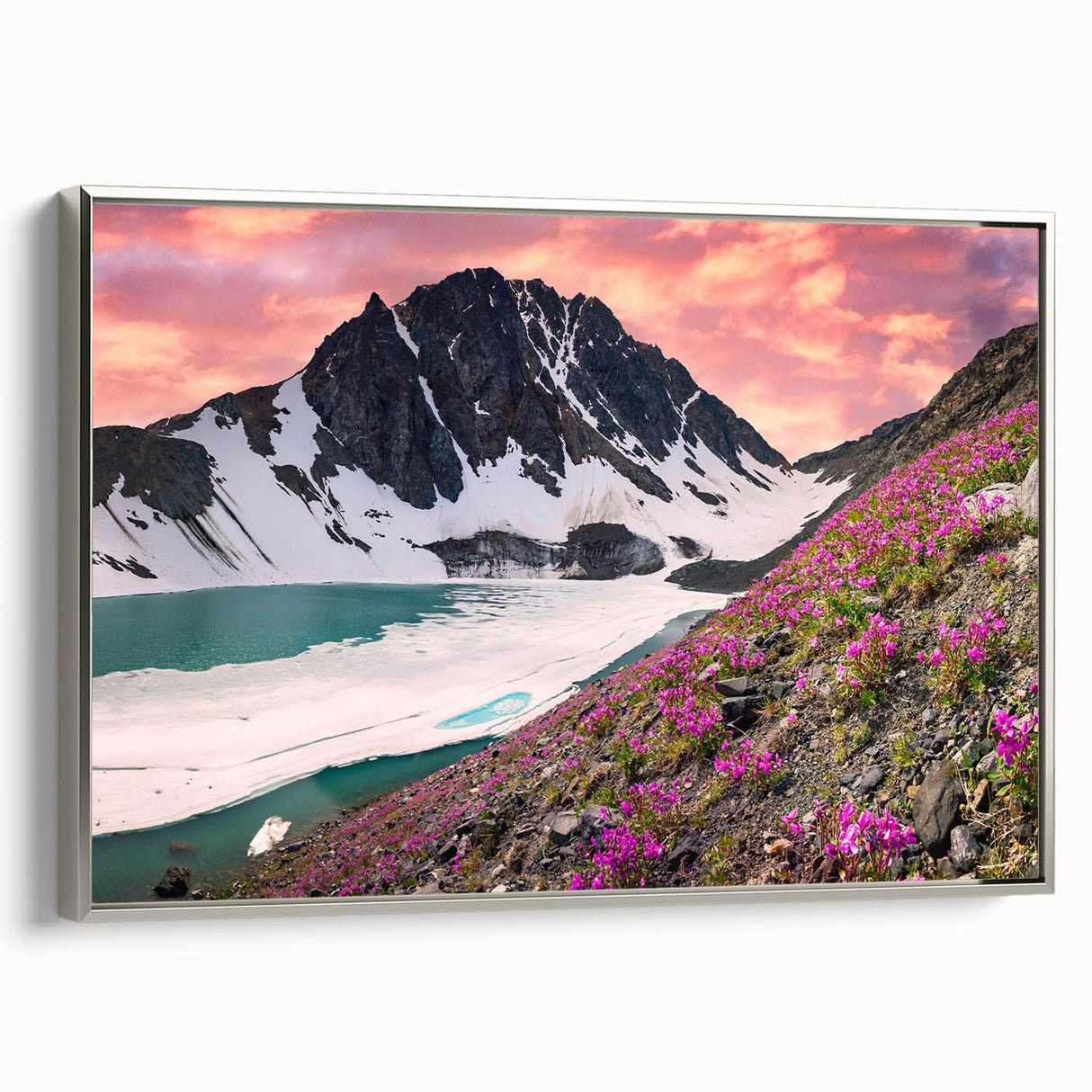 Landscape art painting of Yukon scenery on framed canvas with a silver border, featuring muted earth tones.