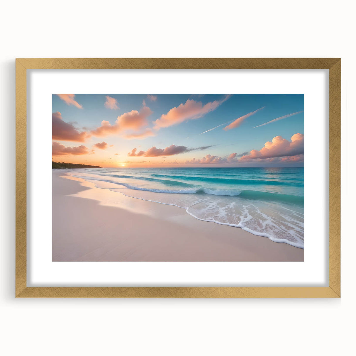 Abstract art print of Caribbean scenery in gold frame, utilizing vibrant blue and green tones, ideal for dining room decor.