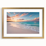 Abstract art print of Caribbean scenery in gold frame, utilizing vibrant blue and green tones, ideal for dining room decor.