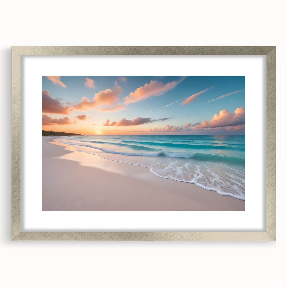 Extra large abstract art print featuring textured scenery of the Caribbean in Cuba, in a silver frame.