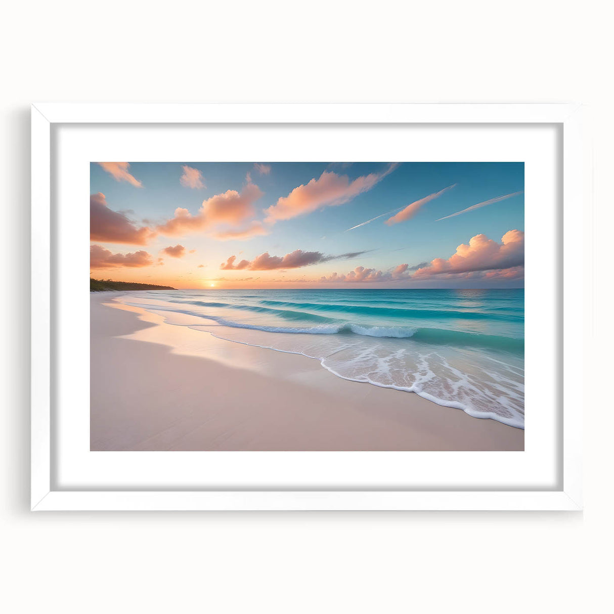 Textured abstract art print of a Caribbean scenery in muted blue and green tones, framed with a white mat.