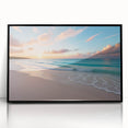 Large abstract wall art depicting a Caribbean scenery in muted blue and green tones, framed in black acrylic.