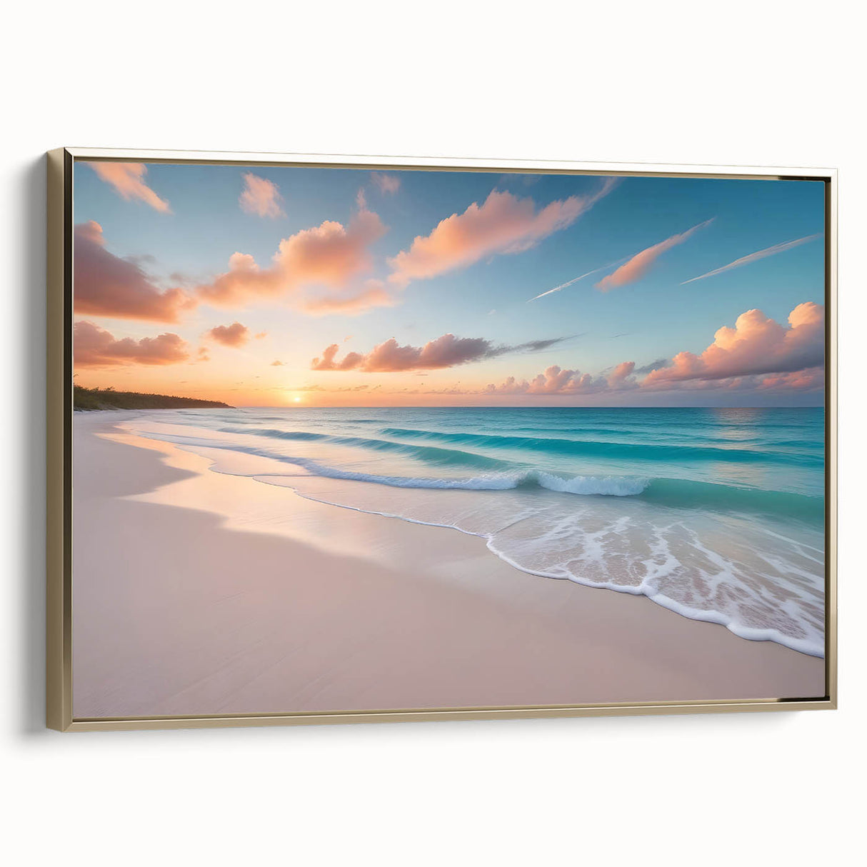 Vintage poster art of a Caribbean scene on framed canvas, featuring vibrant colors and gold accents.