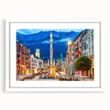 Textured abstract art print of a European scenery in muted earth tones on a framed white mat, ideal for bedroom art.