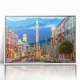 Mid-century modernist art of an Austrian landscape in muted earth tones on framed acrylic, suitable for nursery wall art.