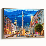 Vintage poster art of a European scenery in Austria, displayed on extra large framed canvas with gold trim.